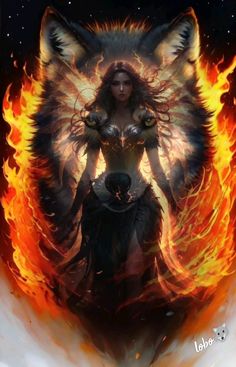 an image of a woman and a wolf on fire