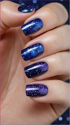 Take some time for self-care and indulge in a relaxing nail painting session. Experiment with different designs and techniques Nails Galaxy Design, Constellation Nail Designs, Galaxy Nails Designs, Blue Celestial Nails, Galaxy Acrylic Nails, Cosmos Nails, Milky Way Nails, Space Nails Galaxy, Aquarius Nails Designs