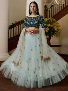 Latest Sangeet Lehengas from Best Sangeet Sandhya Lehenga Manufacturer in Surat to Dazzle the Night Light Blue Lehenga, Lehenga Blue, Lehenga Choli Wedding, Girls Party Wear, Party Wear Lehenga Choli, Blue Lehenga, Lehenga Style, Net Lehenga