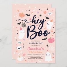 a pink halloween party card with ghost and pumpkins on it, says hey boo