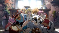 an anime scene with many people sitting in front of a fireplace and one person holding a stuffed animal