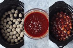 two crockpots filled with meatballs and sauce next to another pot full of food