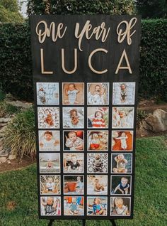 a one year of luga sign with pictures on it in front of some bushes