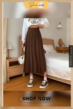 Vintage Pleated Midi Skirt Fashion High Waist Gothic Skirt Women Spring Casual Korean A-line Elastic Solid All-match Skirt New Casual A-line Winter Skirt, Casual Brown A-line Skirt, Non-stretch A-line Fall Skirt, Casual A-line Pleated Maxi Skirt, Trendy Pleated A-line Skirt, Trendy A-line Lined Skirt, Retro A-line Winter Skirt, Brown Solid Color Midi Skirt, Brown A-line Skirt For Spring