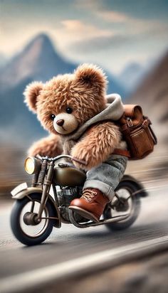 a brown teddy bear riding on the back of a motorcycle with a bag strapped to it's back