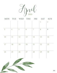 a calendar for the month of march with green leaves on it and an image of a plant