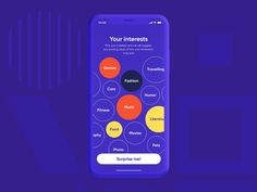 a cell phone with the words your interests on it, and an image of circles