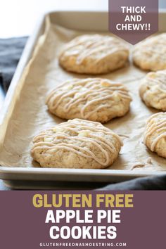 gluten free apple pie cookies on a baking sheet with text overlay that reads thick and chewy