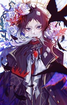 an anime character with flowers on her head and long hair, wearing a black coat