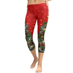 Sparkly Print Christmas Tree Capris Fitted Holiday Festive Pants, Fitted Pants For Holiday Festive Occasion, Fitted Pants For Holiday Festivities, Fitted Holiday Bottoms, Fitted Bottoms For Christmas Holiday, Fitted Holiday Bottoms For Fall, Fitted Bottoms For Fall Holiday, Red Festive Bottoms For Winter, Red Festive Winter Bottoms