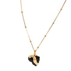 Introducing our elegant Black Glaze Heart Pendant Sterling Silver Plated Gold Chain Necklace, a stunning piece that combines sophistication with a touch of romantic charm. This necklace features a beautifully crafted heart-shaped pendant adorned with a glossy black glaze. Whether you're dressing up for a romantic evening or adding a touch of sophistication to your everyday attire, it is the perfect choice. It also makes a thoughtful gift for someone special, symbolizing love and affection. Each Elegant Double Heart Necklace For Wedding, Elegant Heart-shaped Necklace As A Gift For Her, Elegant Pendant Charm Necklace With Heart Detail, Elegant Heart Pendant Charm Necklace, Elegant Rose Gold Double Heart Charm Necklace, Elegant Pendant Charm Necklace With Polished Finish, Elegant Yellow Gold Charm Necklaces With Heart Beads, Chic Heart Charm Jewelry For Wedding, Elegant Heart Charm Pendant Necklace