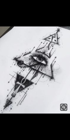 a drawing on paper with an eye and triangles in the middle, surrounded by dots