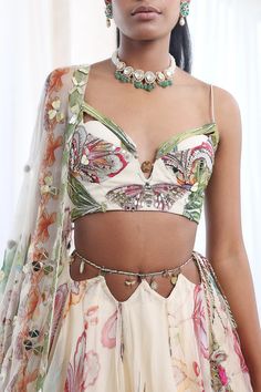 Mahima Mahajan | Ivory Floral Lehenga Set | INDIASPOPUP.COM Light Lehenga, Blouse With Lehenga, Bandhani Lehenga, Mahima Mahajan, Saree Jacket Designs, Camp Fashion, Saree Jackets, Floral Lehenga, New Blouse Designs