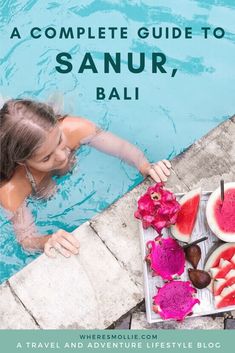 a woman in a swimming pool with watermelon and other fruits