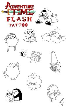 the adventure time flash tattoo is shown in black and white, with cartoon characters on it