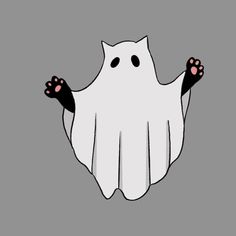 a white ghost with black hands and feet on it's chest, standing in front of a gray background