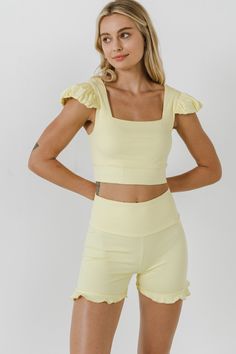 GREY LAB-Puff Sleeve Crop Top-TOPS available at Objectrare Yellow Sporty Crop Top For Summer, Sporty Yellow Crop Top For Summer, Summer Workout Crop Top, Summer Loungewear Crop Top, Yellow Fitted Top For Loungewear, Summer Fitted Crop Top For Loungewear, Fitted Yellow Top For Loungewear, Fitted Summer Crop Top For Loungewear, Sporty Summer Crop Top For Loungewear