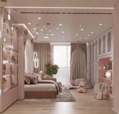 a bedroom with white walls and wooden floors is lit by recessed lights above the bed