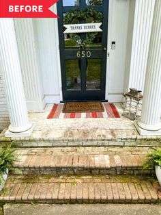 a front porch with steps leading up to the door and two planters on either side