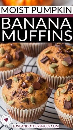 banana muffins with chocolate chips and pumpkins in the background text overlay reads, most pumpkin banana muffins