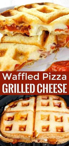 the waffled pizza grilled cheese is ready to be eaten