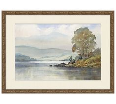 a watercolor painting of a lake with trees on the shore and mountains in the background