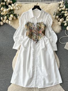 Unique White Dress, Corset Shirt Dress, Sunflower Dress, Corset Shirt, Classic Romance, Causal Dresses, Detailed Embroidery, Vintage Corset, Vintage Aesthetics