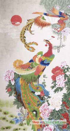 chinese scroll painting of phoenix by Wang Na Chinese Phoenix Aesthetic, Phoenix Art Nouveau, Phoenix Mythology, Chinese Phoenix Painting, Peacock Japanese Art, Mythical Birds