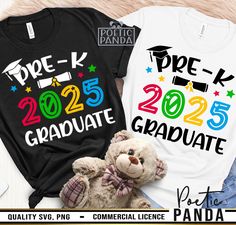 two t - shirts with the words pre k graduate and a teddy bear next to them