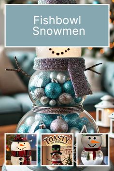 a snowman made out of glass balls and other ornaments on top of a table