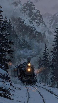 a train is traveling through the snow covered mountains and trees, with its lights on