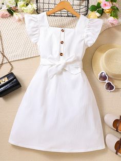 White Cute Collar Cap Sleeve Woven Fabric Plain A Line Embellished Non-Stretch  Tween Girls Clothing Plain Color Frock Designs, Cute A Line Dresses, Kids Styles Dress, A Line Frock Design, White Frock Design, Free Style Dress, A Line Frock, White Dress Simple, Simple Dress Styles