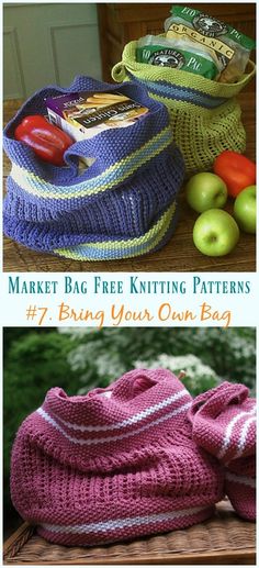 the knitting bag is made with yarn and has apples, vegetables, and other items in it