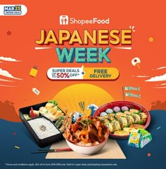 an advertisement for japanese week with sushi and other foods