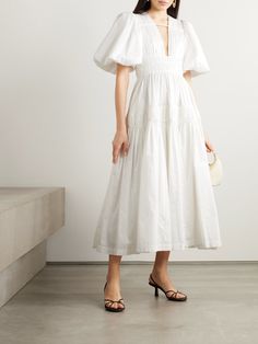 AJE. Fallingwater tiered gathered cotton-poplin midi dress | NET-A-PORTER Sleeve Stitching, Flowy Midi Skirt, Designer Hair Accessories, Start Sewing, High Waist Dress, Red Midi Dress, Pink Midi Dress, Puffed Sleeves, Smock Dress