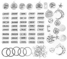 PRICES MAY VARY. VALUE PACK: Each package includes 60 pcs of 30 styles (2 pcs each style) words engraved charm pendants & 15 pcs Silver Clasps plus 15 pcs open jump Silver Rings. MULTIPLE USES: These small & large charms can be used for DIY jewelry, friendship bracelets, hair braids, anklets, earrings, wrap bracelets, necklaces, crafting, keychains & more. HIGH-QUALITY MATERIAL: Each positive quote charm is made with the highest quality alloy material. Precisely manufactured to provide a smooth Blessed Family, Charming Quotes, Sunshine Love, Love Moon, Charms For Jewelry Making, Bangle Jewelry, Faith In Love, Crafting Supplies, Keychain Set