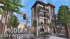 the modern cozy apartment is on the corner of the street and has stairs leading up to the second floor