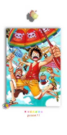 one piece is holding an umbrella and jumping in the air with other people behind him