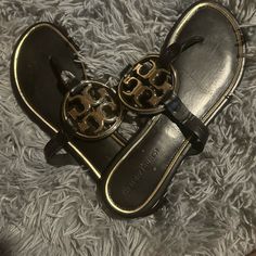 Black Tory Burch Classic Miller Sandals. These Were Too Big For Me Which I Realized After Wearing Them Once, So I Was Unable To Return. Very Cute! Can Be Worn With Casual Looks Or Can Be Dressier As Well Thanks To The Gold Embellishments! Tory Burch Sandals, Gold Embellishment, Tory Burch Shoes, Women's Shoes Sandals, Casual Looks, Tory Burch, Shoes Sandals, Embellishments, Women Shoes