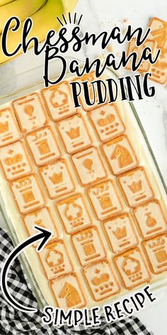 a close up of a pan of food with bananas in the background and text overlay that reads, cheeseman banana pudding simple recipe