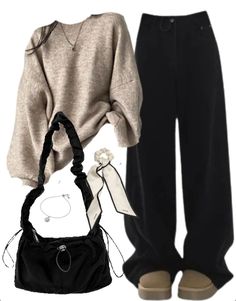 OOTD: Oversized Sweater + Baggy Boyfriend Jeans + String Shoulder Bag Oversized Sweaters Outfits, Casual Streetwear Bags For Fall, Boyfriend Outfits For Women, Cool Baggy Outfits, Aesthetic Oversized Outfits, Cute Baggy Outfits, Everyday Outfits College, Black Jeans Outfits, Back To School Outfits College