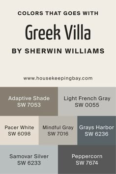 Colors That Go With Greek Villa by Sherwin Williams Sherwin Williams Greek Villa Palette, Greek Villa Paint Palette, Sherman Williams Greek Villa Paint, Greek Villa Sherwin Williams Complimentary Colors, Greek Villa Sherwin Williams Color Palette, What Colors Go With Greek Villa, Greek Villa Complimentary Colors, Sherwin Williams Greek Villa Coordinating Colors, Sw Greek Villa Coordinating Colors