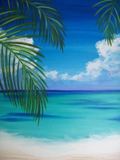 a painting of the ocean with palm trees