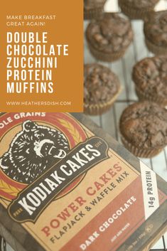 chocolate zucchini muffins cooling on a rack with the words make breakfast great again