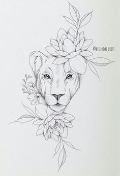 a drawing of a lion with flowers on its head