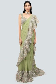 Green Drapes, Stitched Saree, Personal Shopping Service, Organza Blouse, New Launch, Personal Stylist, Asparagus, Timeless Elegance, Dry Clean