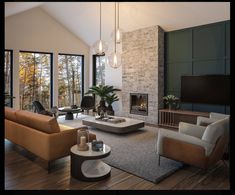 a living room with couches, chairs and a fire place in front of large windows