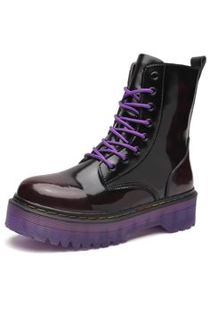 Purple Sole Boots High Ankle E-Girl Aesthetic Dark Purple Platform Boots, Purple Boots Aesthetic, Purple Emo Clothes, Purple Goth Outfits, Punk Outfits Aesthetic, Cyberpunk Shoes, Scene Shoes, Aesthetic Boots, Oc Clothes