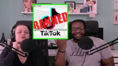 two people sitting next to each other in front of microphones with the words banned on them