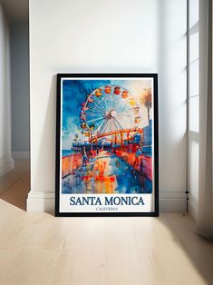 a poster is hanging on the wall in front of a window with an image of a ferris wheel